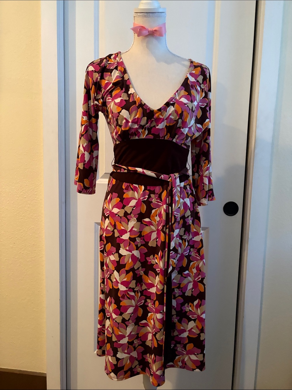Laundry Floral Wrap-Style Dress in Pink and Brown